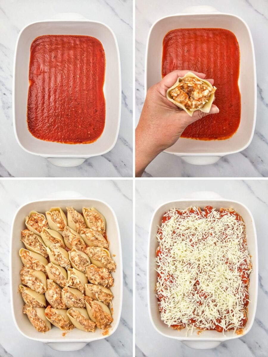 Four-step collage showing pasta sauce spread in a casserole dish, a jumbo shell being filled with sausage and cheese mixture, stuffed shells arranged in the dish, and the casserole topped with sauce and shredded mozzarella.