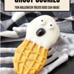Pinterest graphic reading “Nutter Butter Ghost Cookies” and “Fun Halloween Treats Kids Can Make” above a close-up cookie resting on a skeleton hand.