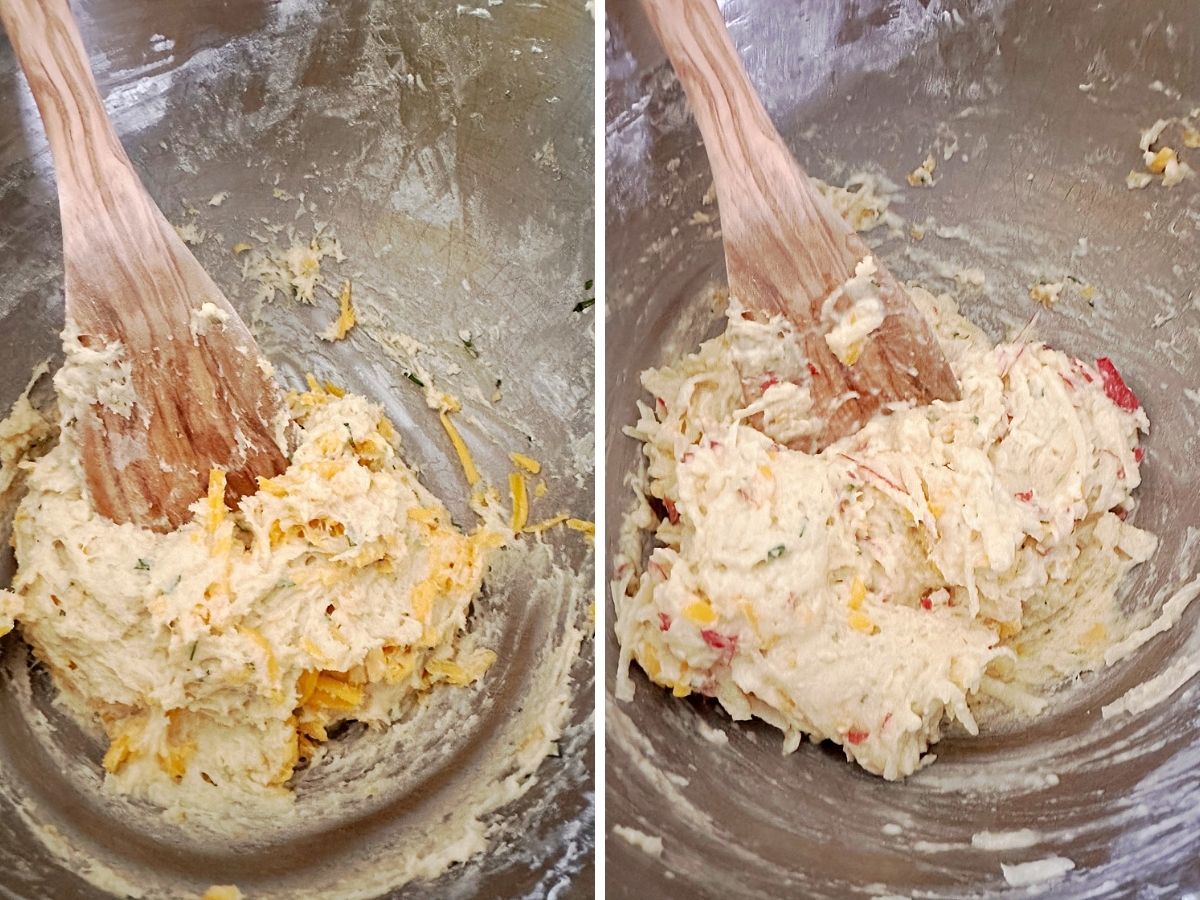 Two side-by-side views of thick bread dough being stirred with a wooden spoon as shredded cheddar and grated apple are mixed in.