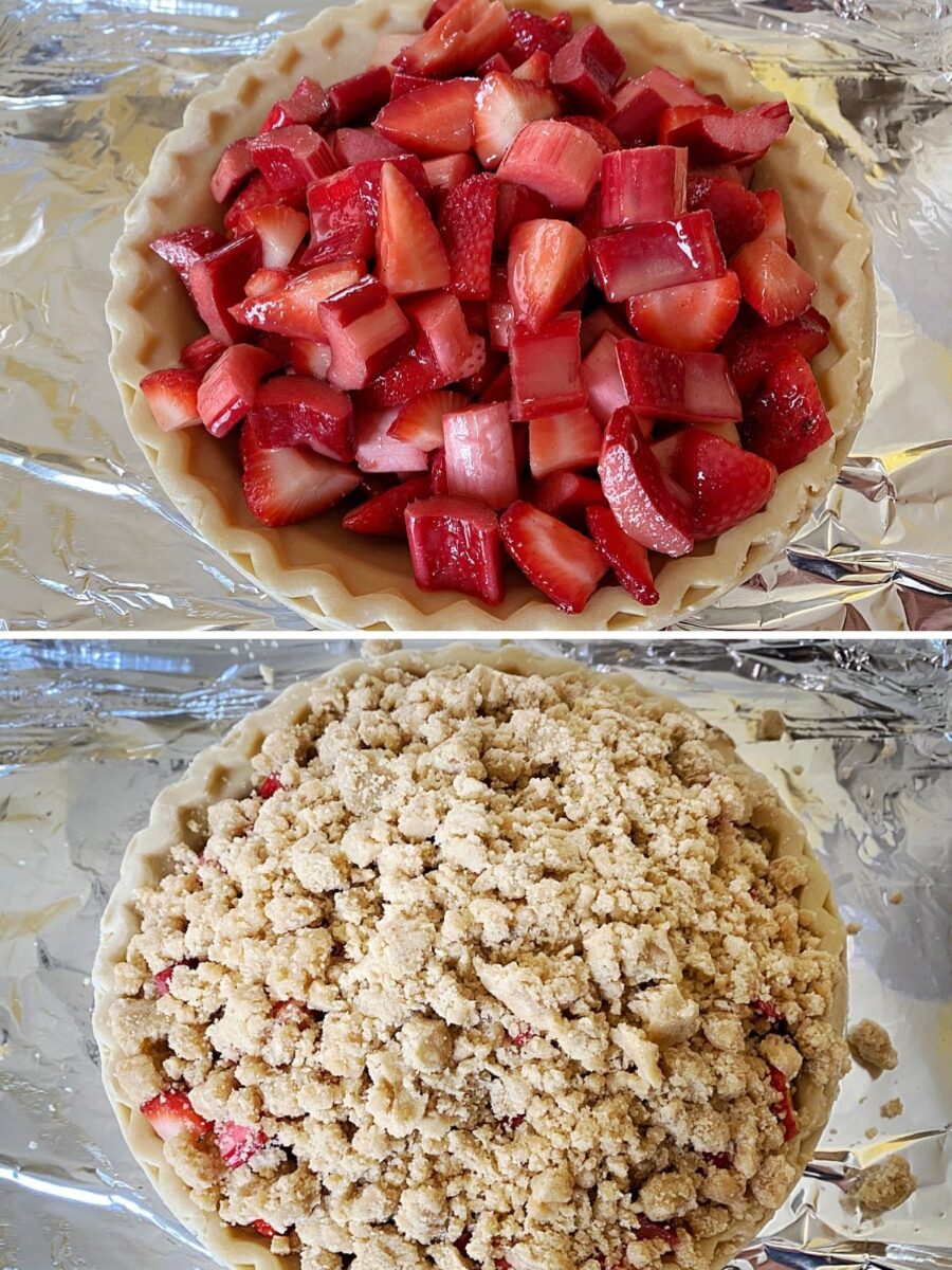 Two-step collage showing strawberry rhubarb filling in an unbaked pie crust, followed by the pie covered with crumb topping on a foil-lined baking sheet.