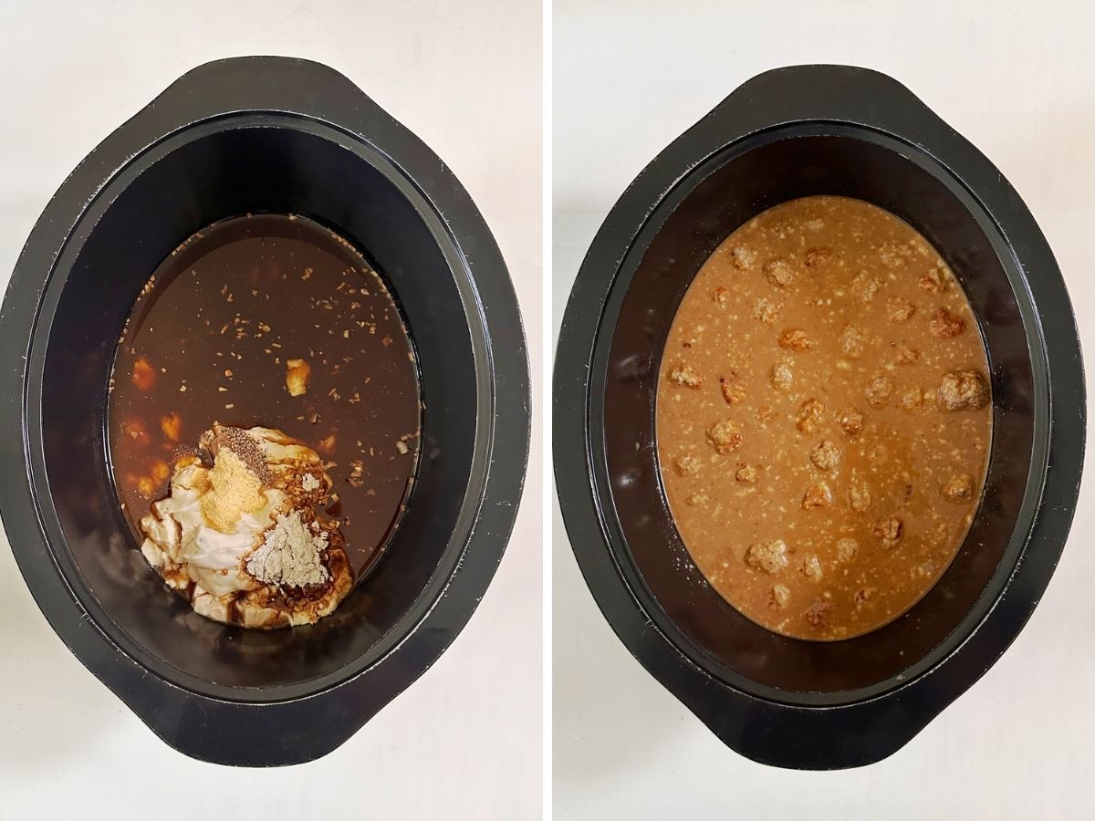 Side-by-side views of the sauce ingredients in a slow cooker and frozen meatballs stirred into the combined sauce.