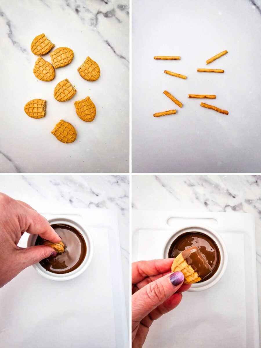 Four-step collage showing halved Nutter Butters, broken pretzel sticks, and a cookie half being dipped into melted chocolate.
