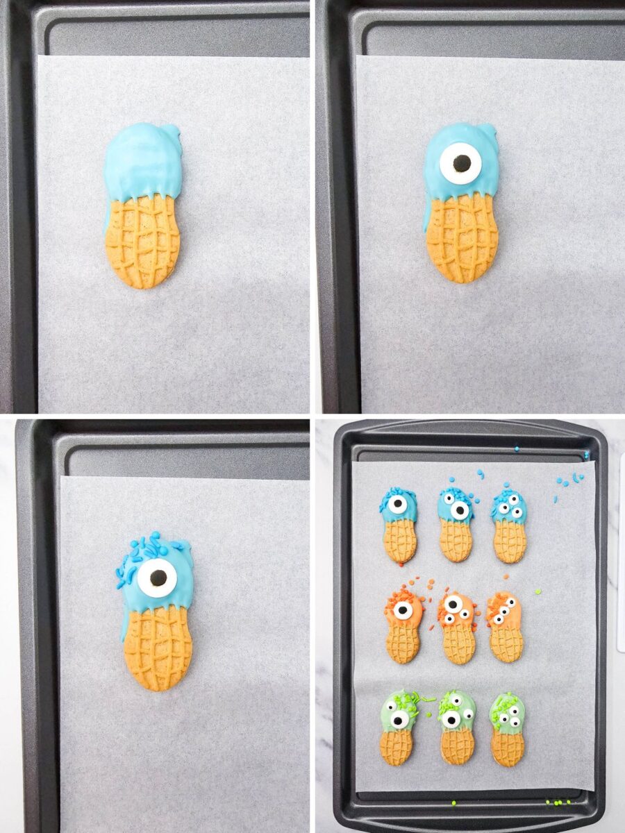 Four-panel collage showing a Nutter Butter dipped halfway in blue candy coating, then decorated with a candy eye and sprinkles, followed by nine finished blue, orange, and green monster cookies on a parchment-lined baking sheet.