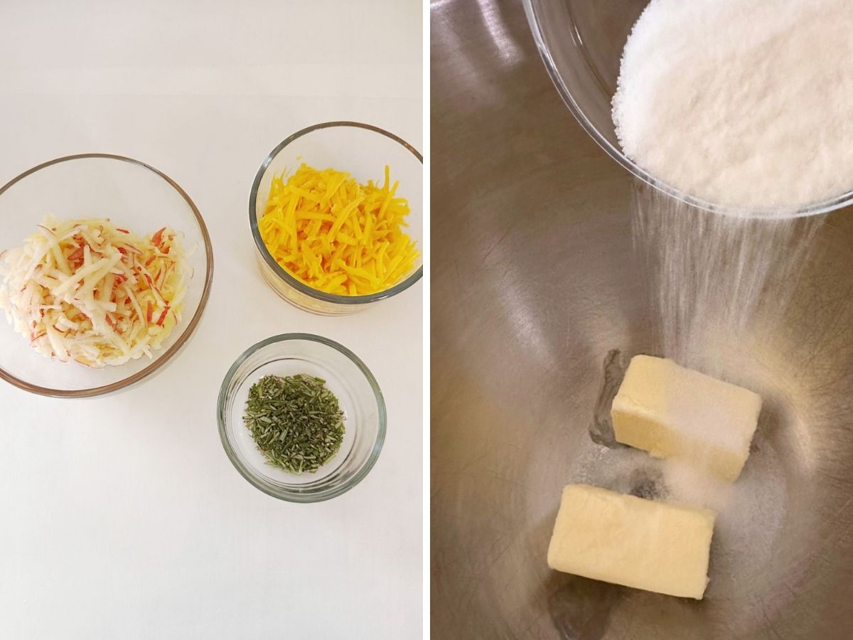 Grated apple, shredded cheddar, and chopped rosemary in small bowls beside sugar being poured over butter in a metal mixing bowl.