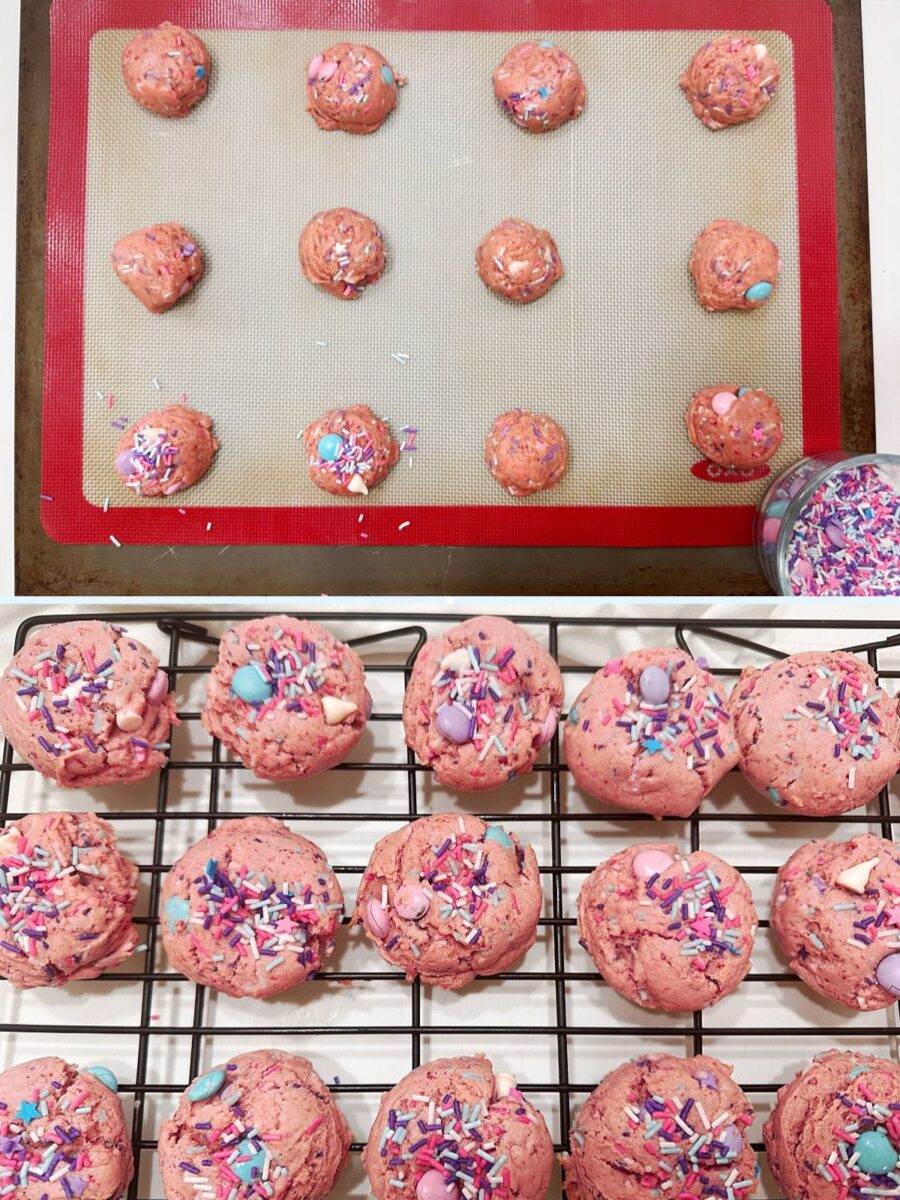 Two-photo collage showing pink strawberry cookie dough portions on a silicone-lined baking sheet and baked cookies topped with unicorn sprinkles cooling on a wire rack.