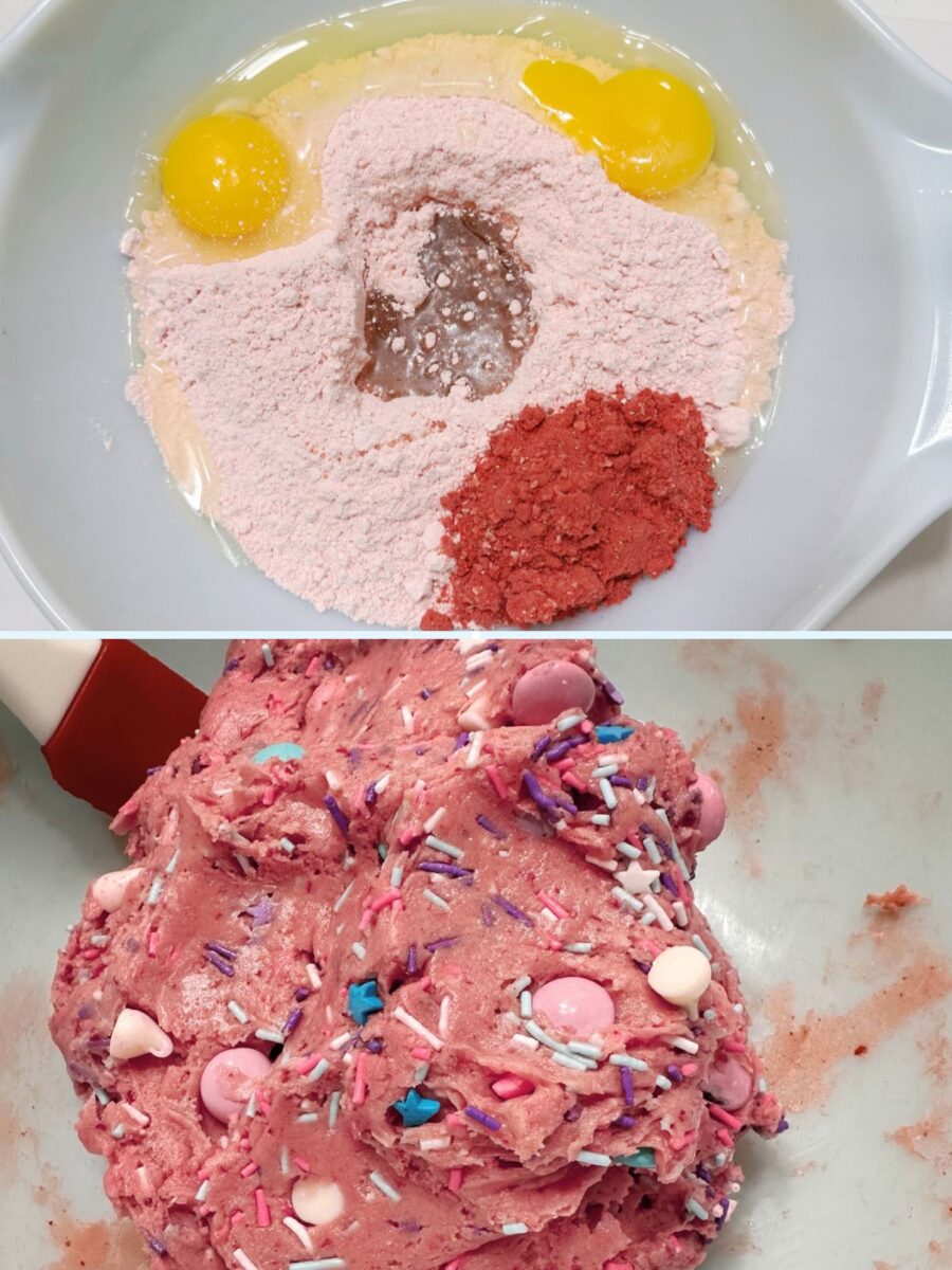 Two-photo collage showing strawberry cake mix, eggs, oil, and crushed freeze-dried strawberries before mixing, followed by thick pink cookie dough with unicorn baking confetti stirred in.